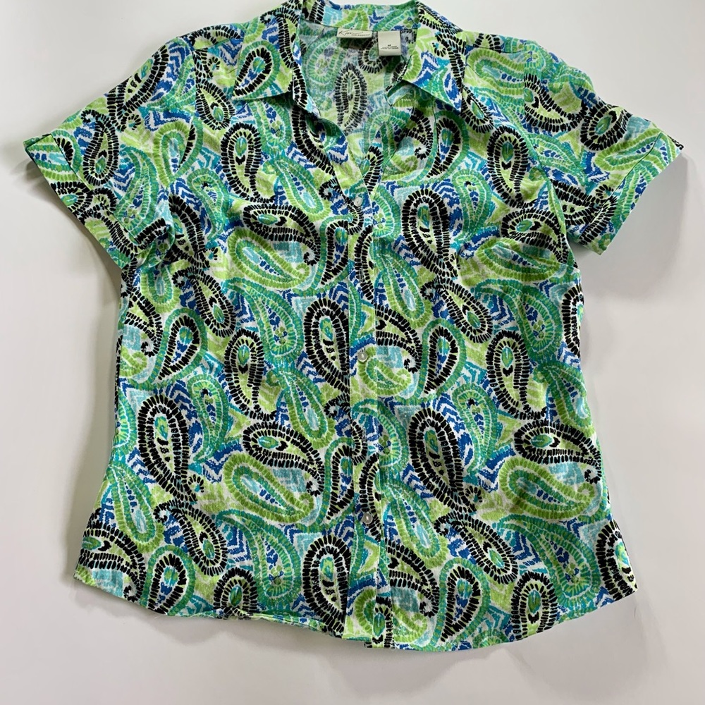 Kim Rogers Button Up Shirt Top Size M Linen Paisley